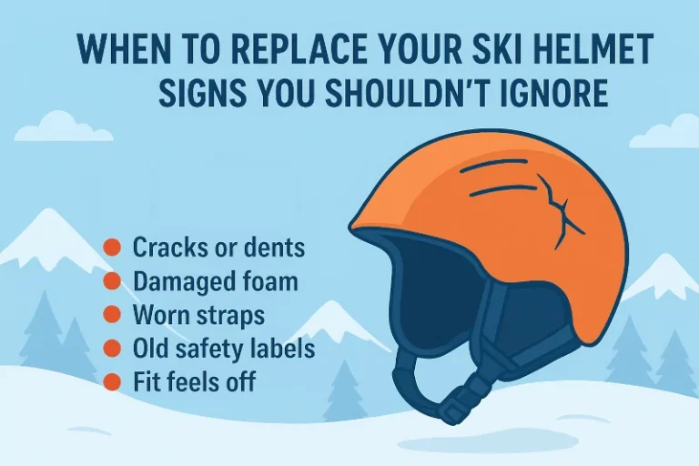 Infographic titled ‘When to Replace Your Ski Helmet: Signs You Shouldn’t Ignore,’ showing an orange ski helmet with visible cracks. The background features snowy mountains and pine trees in soft blue tones. Text lists five key warning signs: cracks or dents, damaged foam, worn straps, old safety labels, and poor fit.