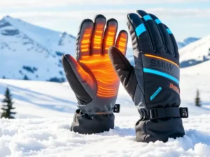 Image of heated ski gloves on a snowy background