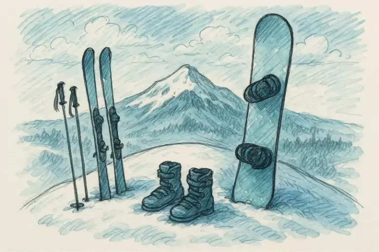 A sketch-style drawing in blue tones of a mountain with a pair of skis, boots, poles and a snow board in the snow.