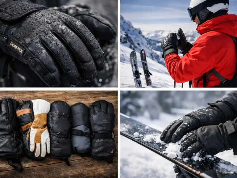 Close-up and lifestyle shots of the best waterproof ski gloves featuring GORE-TEX technology, skiers wearing gloves in snowy mountains, and various glove styles displayed on a wooden surface.