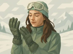 Image of a women admiring her new ski gloves