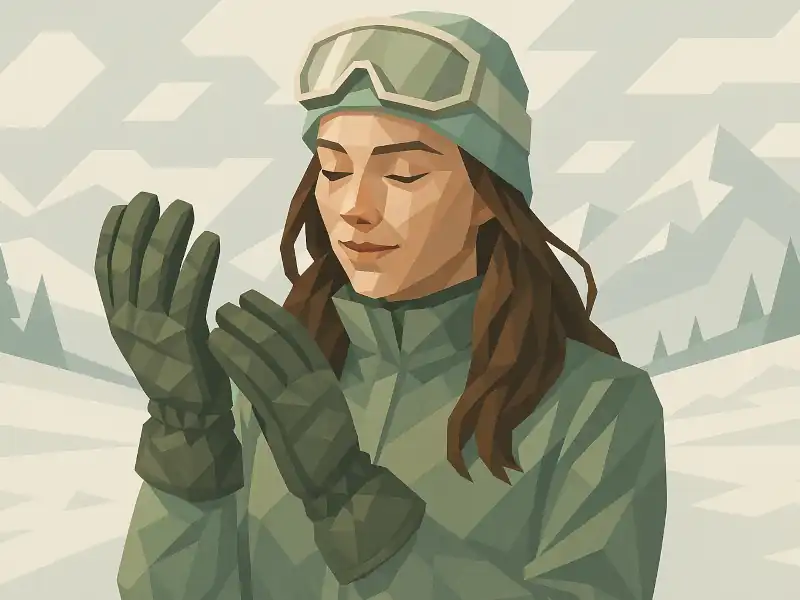 Image of a women admiring her new ski gloves