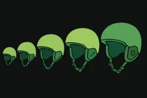 A cartoon-style drawing of five green ski helmets ranging from smallest to biggest on a black background, representing finding a helmet for a person's big or small head.