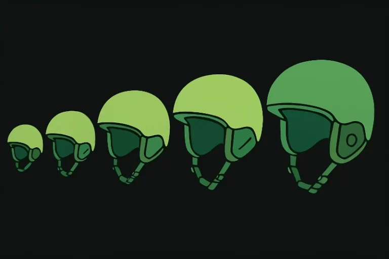 A cartoon-style drawing of five green ski helmets ranging from smallest to biggest on a black background, representing finding a helmet for a person's big or small head.