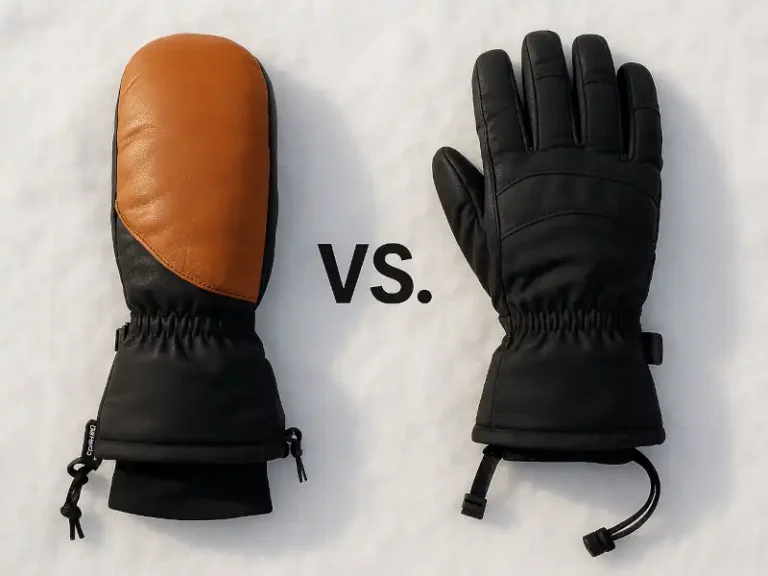 Comparison of ski mittens vs. gloves on snow, showcasing a black and orange mitten beside a black ski glove with text 'VS.' in the center, illustrating warmth and dexterity differences for winter sports enthusiasts.