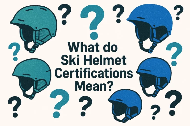 An image with 5 blue and green ski helmets and many question marks scattered around, with the words "What do Ski Helmet Certifications Mean?" in the middle.