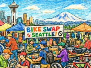 Drawing of a Seattle used bicycle swap