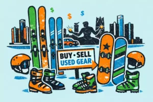 A colorful cartoon-style image of skis, snowboards, boots and helmets and the words 'Buy - Sell Used Gear'