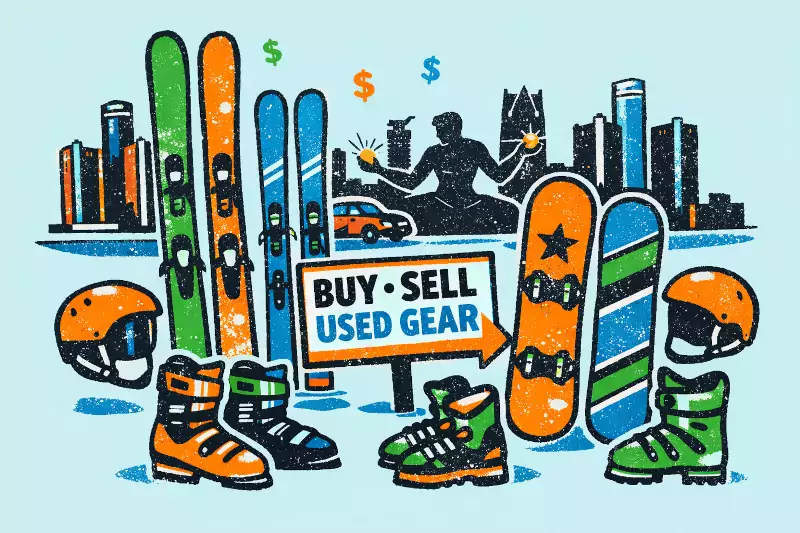 A colorful cartoon-style image of skis, snowboards, boots and helmets and the words 'Buy - Sell Used Gear'