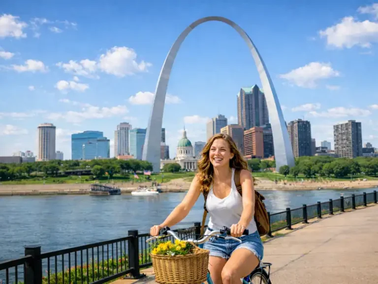 A young woman riding a bike in St. Louis, MO.