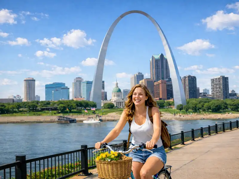 A young woman riding a bike in St. Louis, MO.