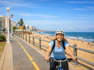 A woman riding a bicycle along a path in Virginia Beach