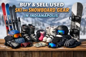 A colorful image with skis, ski poles, snowboards, helmets, snowpants, gloves and related ski and snowboard gear, with the words "Buy & Sell Used Ski and Snowboard Gear in Indianapolis