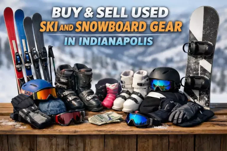 A colorful image with skis, ski poles, snowboards, helmets, snowpants, gloves and related ski and snowboard gear, with the words "Buy & Sell Used Ski and Snowboard Gear in Indianapolis