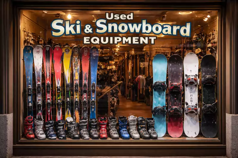 A realistic image of used skis, ski boots and snow boards in the front window of a shop, with the words "Used Ski & Snowboard Equipment" on the window.