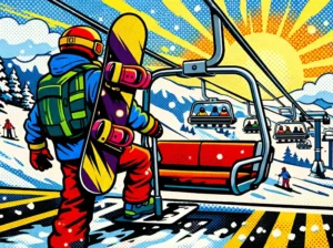Image of a person getting on a ski lift wearing a backpack.