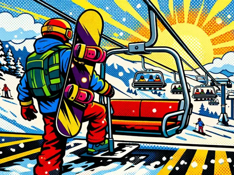 Image of a person getting on a ski lift wearing a backpack.