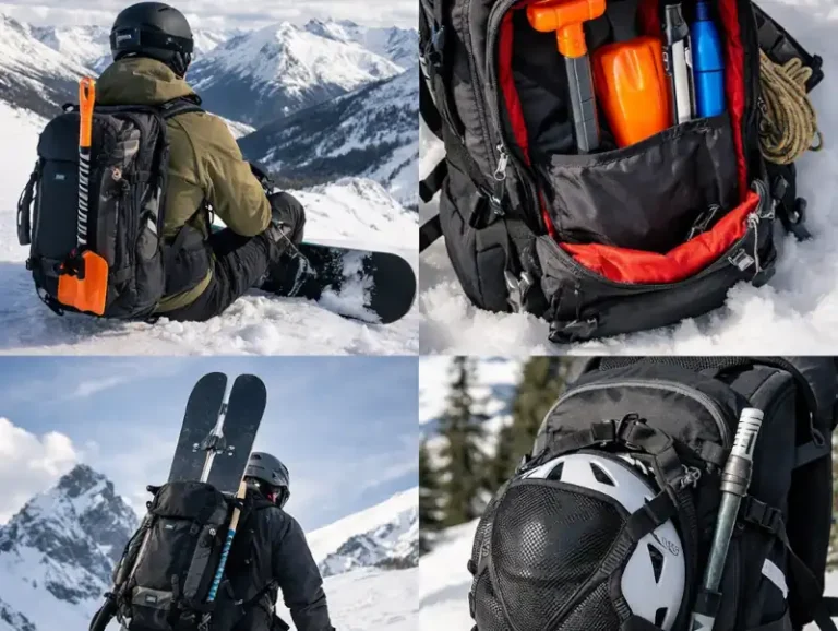 Images of various backcountry snowboard backpack setups.