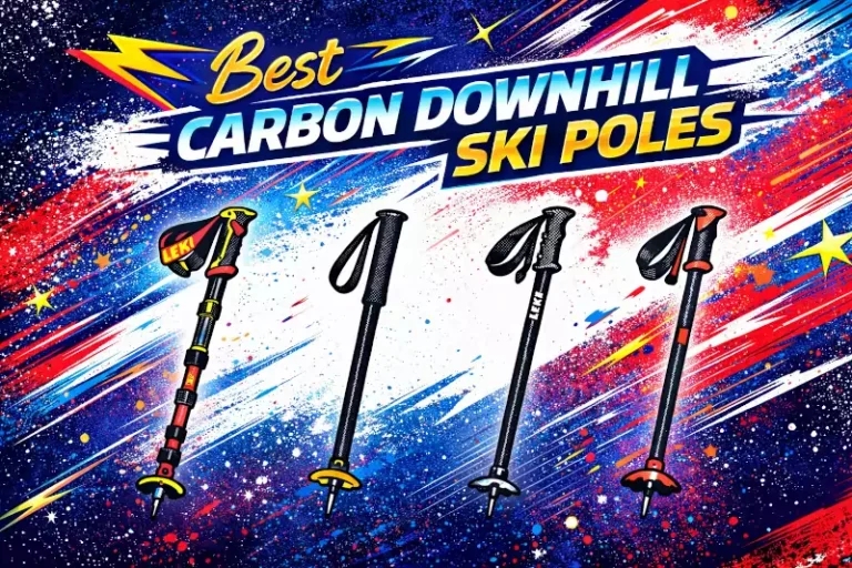 A neon-sign style image with four iconic images of carbon ski poles, and the words: Best Carbon Downhill Ski Poles