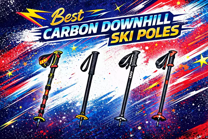 A neon-sign style image with four iconic images of carbon ski poles, and the words: Best Carbon Downhill Ski Poles