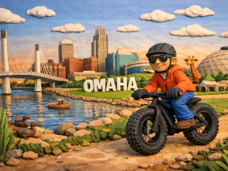 A cartoon style drawing of a cyclist on a used bike in Omaha