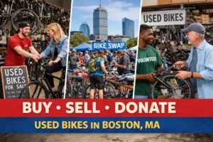 Image showing three scenarios of used bike sales and swaps with people looking at and purchasing used bikes, with the words "Buy - Sell - Donate" and "Used Bikes in Boston, MA"