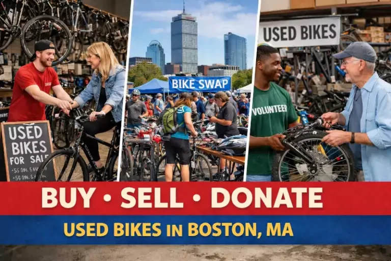 Image showing three scenarios of used bike sales and swaps with people looking at and purchasing used bikes, with the words "Buy - Sell - Donate" and "Used Bikes in Boston, MA"