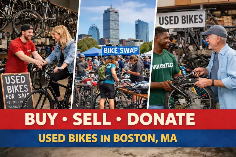 Image showing three scenarios of used bike sales and swaps with people looking at and purchasing used bikes, with the words "Buy - Sell - Donate" and "Used Bikes in Boston, MA"