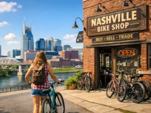 A picture of a woman bringing her bike to sell at a bicycle store in Nashville
