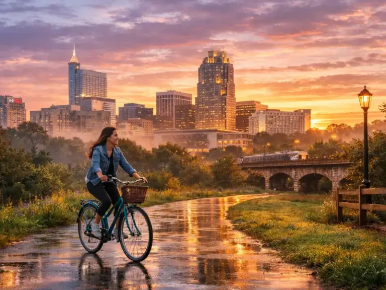A young woman riding a bicycle along a path in Raleigh NC.
