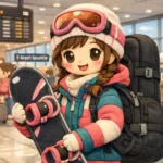 An illustrated image of a girl with a carry-on travel friendly snowboard backpack.
