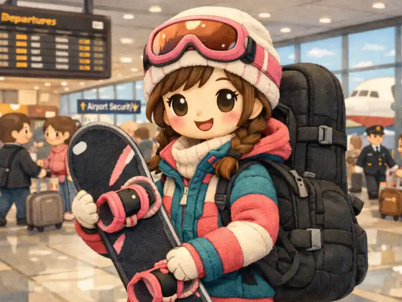 An illustrated image of a girl with a carry-on travel friendly snowboard backpack.