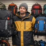 Image of a man choosing a snowboard backpack