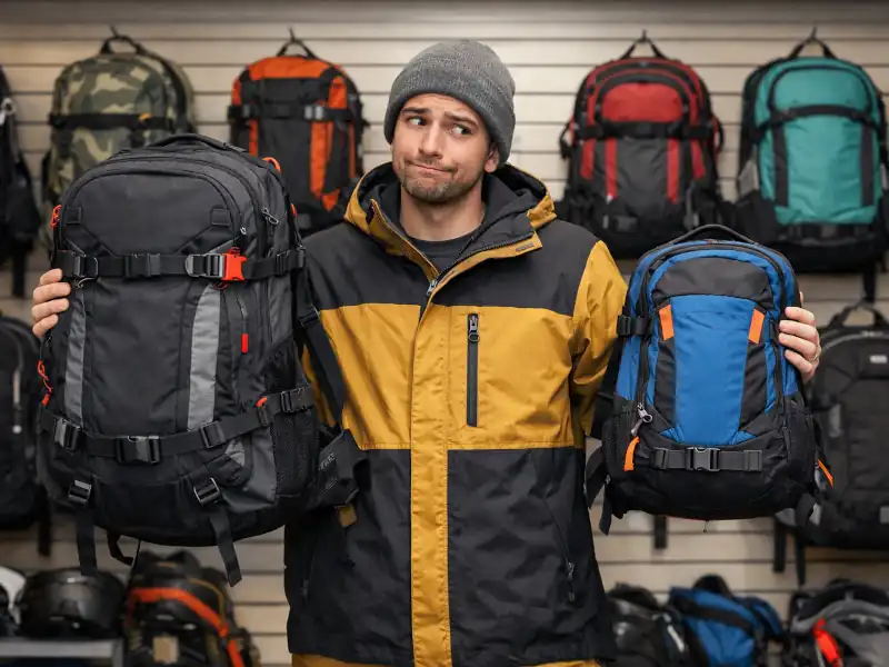 Image of a man choosing a snowboard backpack