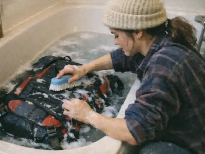A girl cleaning a snowboard backpack in a tub with a brush