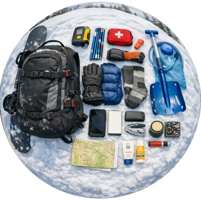 Image of a snowboard backpack and gear to pack in it.