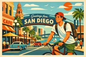 A colorful 50's style illustration of a person riding a bicycle on a San Diego street.