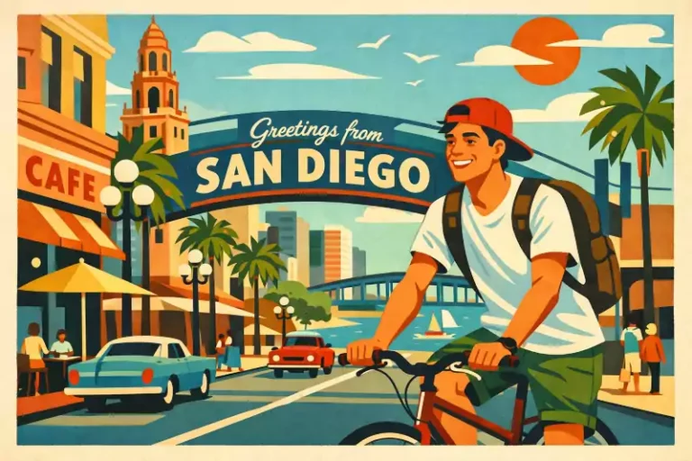 A colorful 50's style illustration of a person riding a bicycle on a San Diego street.