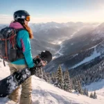 A snowboarder wearing a backpack at the top of a run