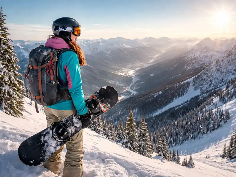 A snowboarder wearing a backpack at the top of a run