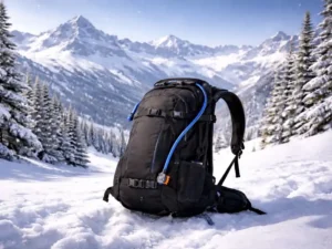 Image of a snowboard backpack on a snowy mountain.