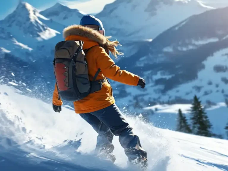 A person snowboarding wearing a snowboard backpack