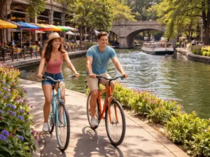 A couple riding bicycles through San Antonio's River Walk