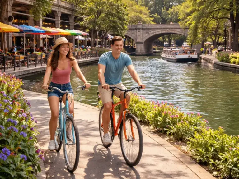 A couple riding bicycles through San Antonio's River Walk