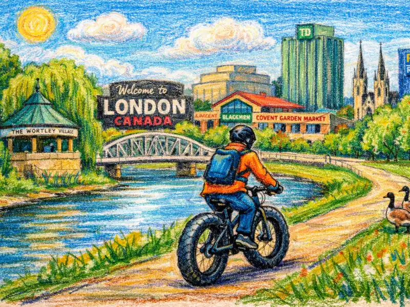 Drawing of a cyclist on a used bicycle on a pathway in London Ontario