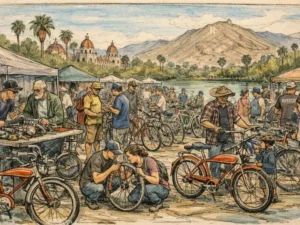 Sketch of people buying and selling used bicycles in Riverside, CA.