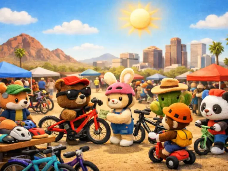 A cartoon image of buying and selling used bicycles in Phoenix