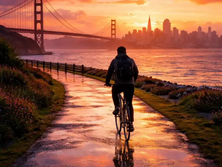 Image of a person riding a bike on a path in San Francisco