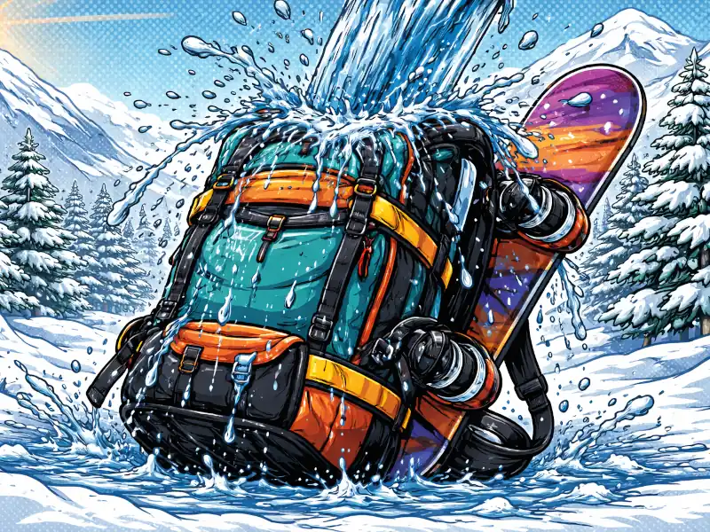 Illustration of a waterproof snowboard pack with water splashing on it.
