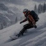 Image of a snowboarder with a waterproof backpack carving the slopes on a snowy day